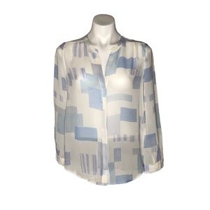 Joie Gudelia B’ Porcelain Oasis Blue White Print Sheer Silk Long Sleeve Blouse